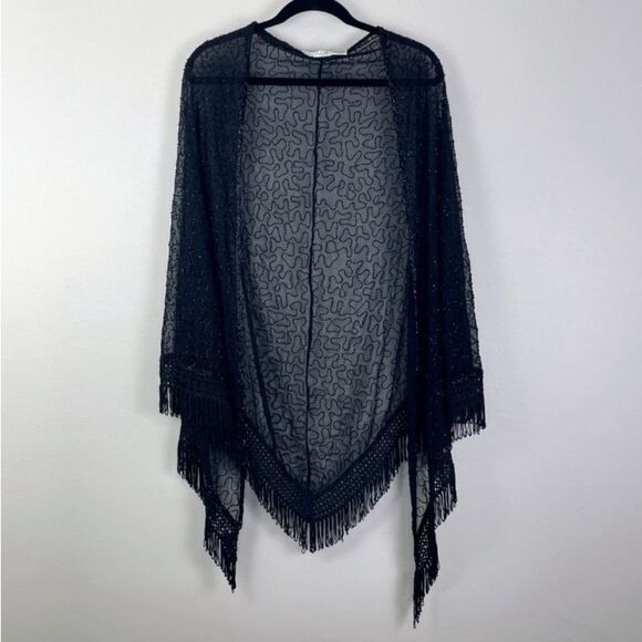 Scala Black Beaded Fringe Sheer Shawl Wrap Boho Jeweled Special Occasion Chic - Picture 6 of 11